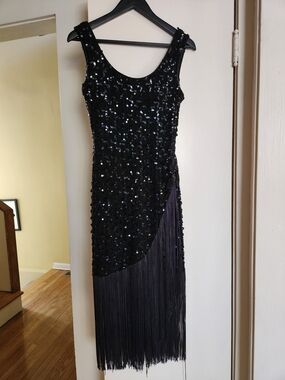 Dave & Johnny Black Sequin Fringe Midi Dress with Scoop Neck